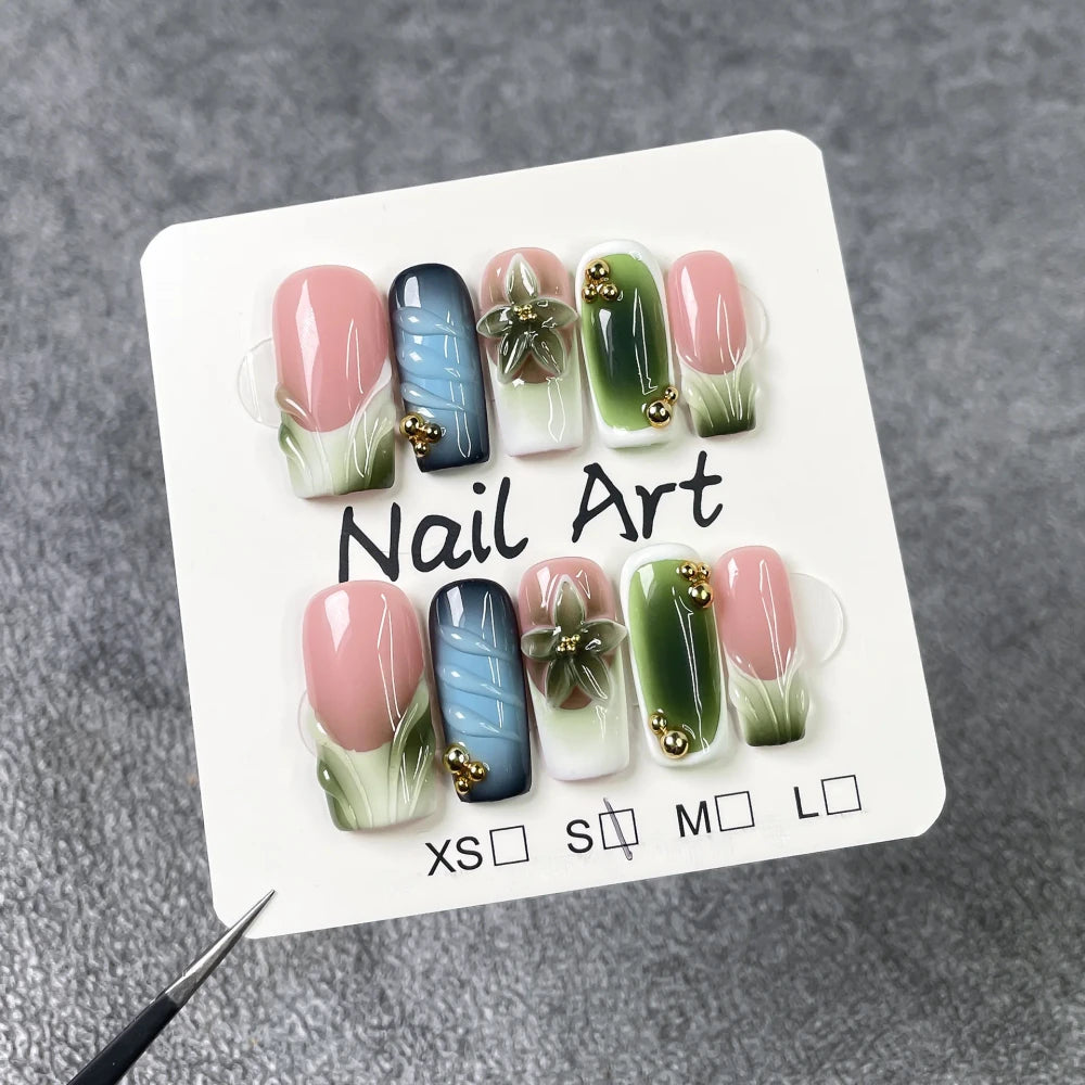 Green Floral Handmade Press on Nails