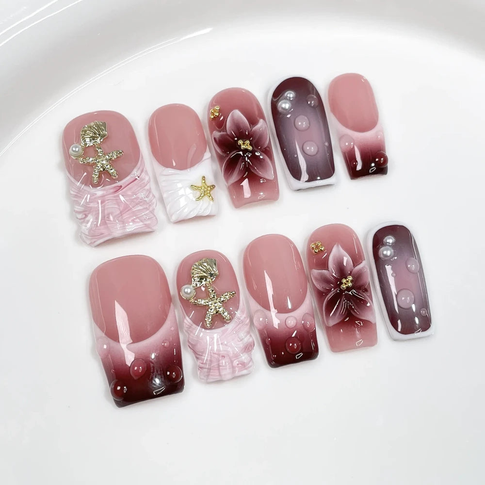 Green Floral Handmade Press on Nails