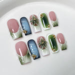 Green Floral Handmade Press on Nails