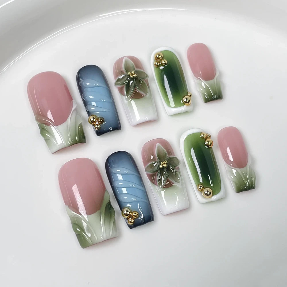 Green Floral Handmade Press on Nails