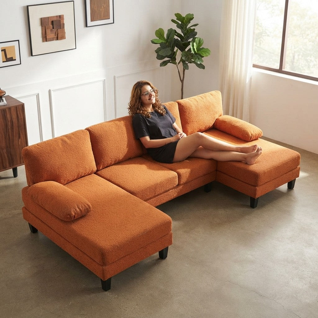 Chenille Orange U-Shape Sectional Sofa